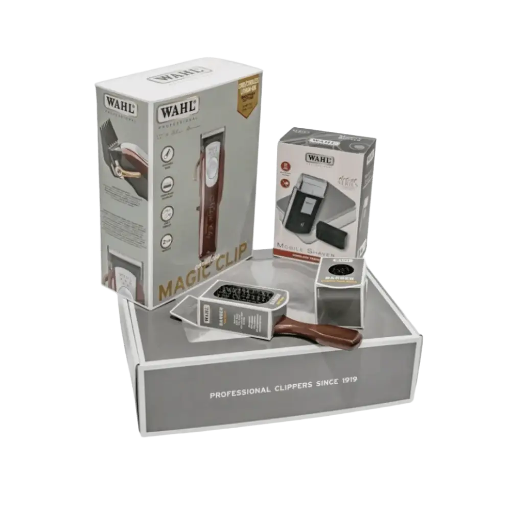 Wahl Combo Set: Magic Clip Hajvágó + Travel Borotva + Fade Brush és Barber Fade Brush - Komplett Frizura Készlet