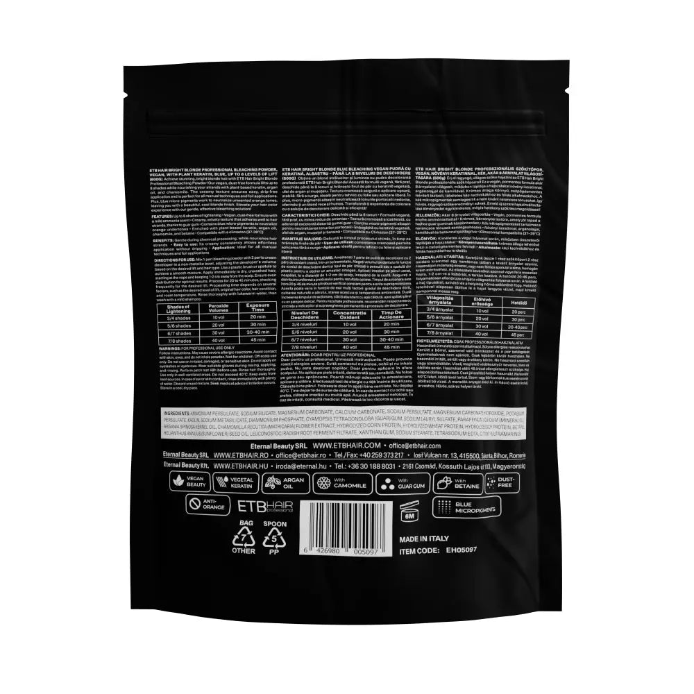 ETB Hair Professional Bright Blonde Szőkítőpor Keratinnal Kék 8 Szint Világosítással Vegan 500 G