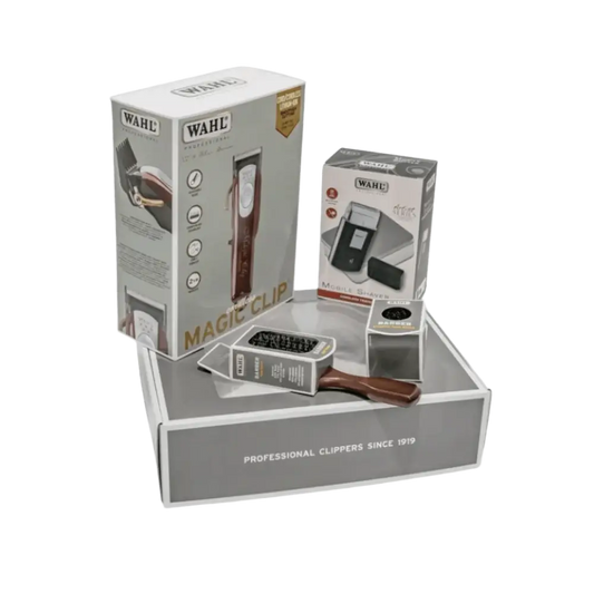 Wahl Combo Set: Magic Clip Hajvágó + Travel Borotva + Fade Brush és Barber Fade Brush - Komplett Frizura Készlet